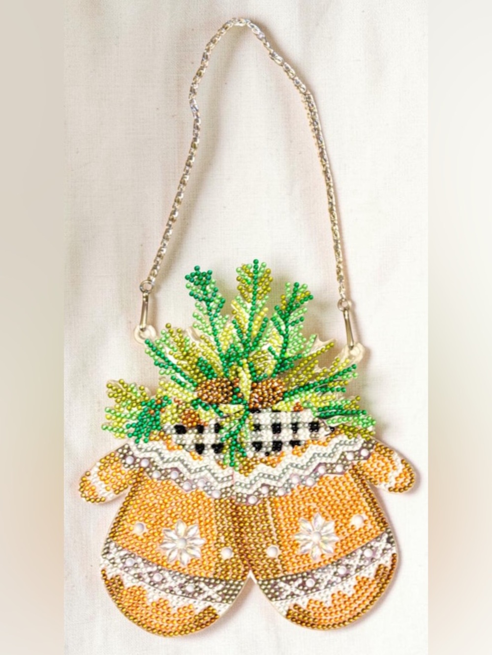 Mittens Hanging Sign Wall Decor Hand Crafted Sealed Diamond Art 7”